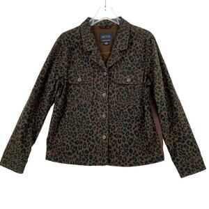 Sanctuary Jean Jacket Size M Brown Leopard Cheetah Animal Button Stretch Denim